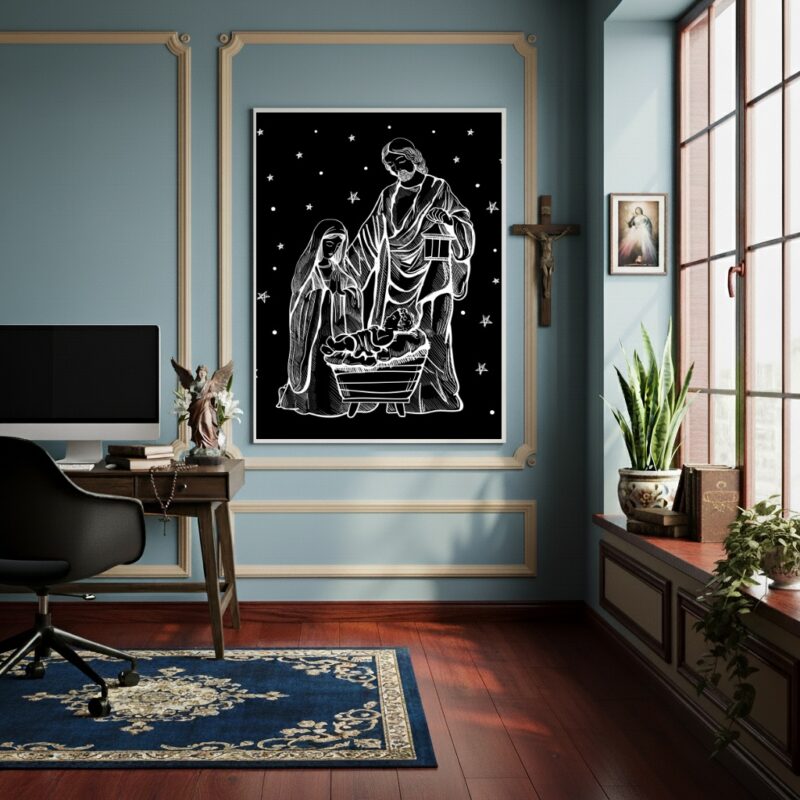 Quadro Jesus Maria e José - Noite Estrelada - 70x50cm
