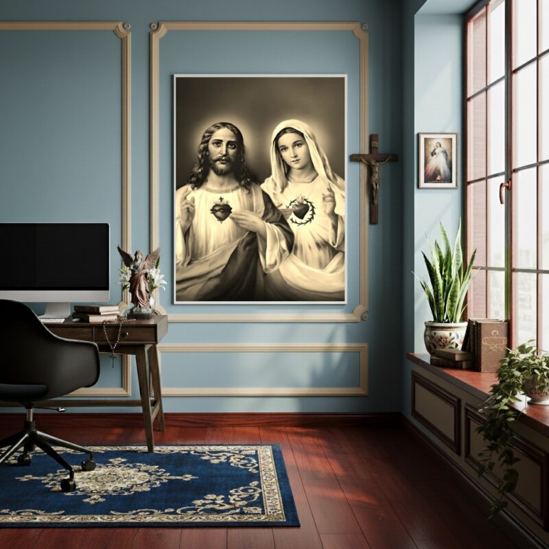 Quadro Jesus Símbolo de Amor e Maria de Pureza P&B - 70x50cm