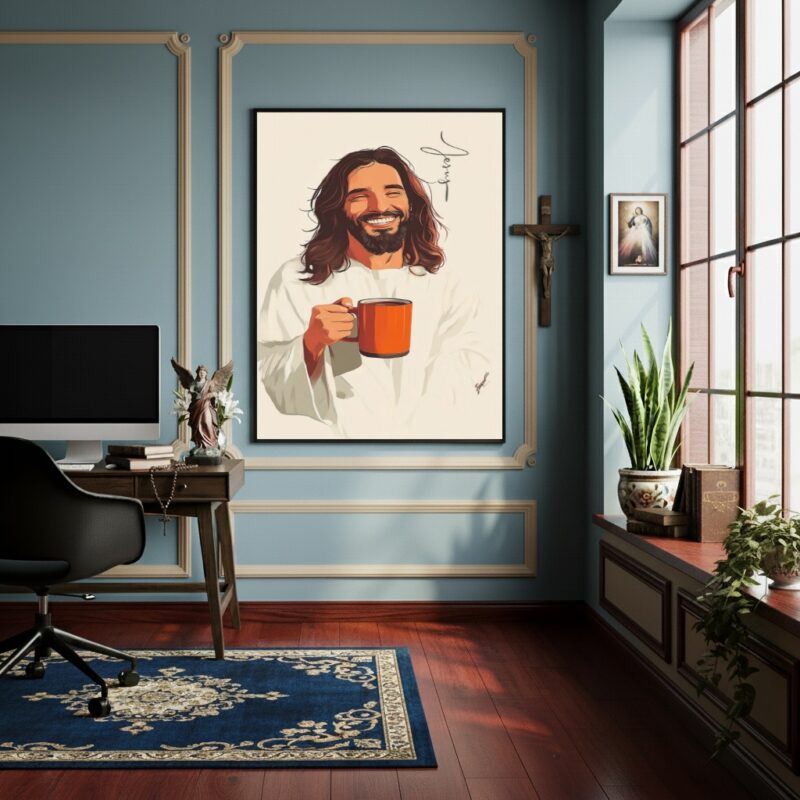 Quadro Jesus Sorrindo Com Café - 70x50 cm