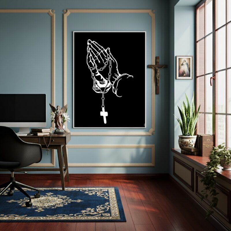 Quadro Mãos em Oração Segurando um Rosário - 70x50cm
