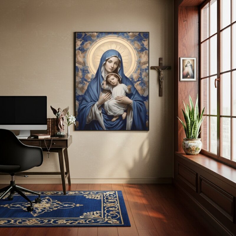 Quadro Maria Com Menino Jesus Azul e Bege - 70x50 cm