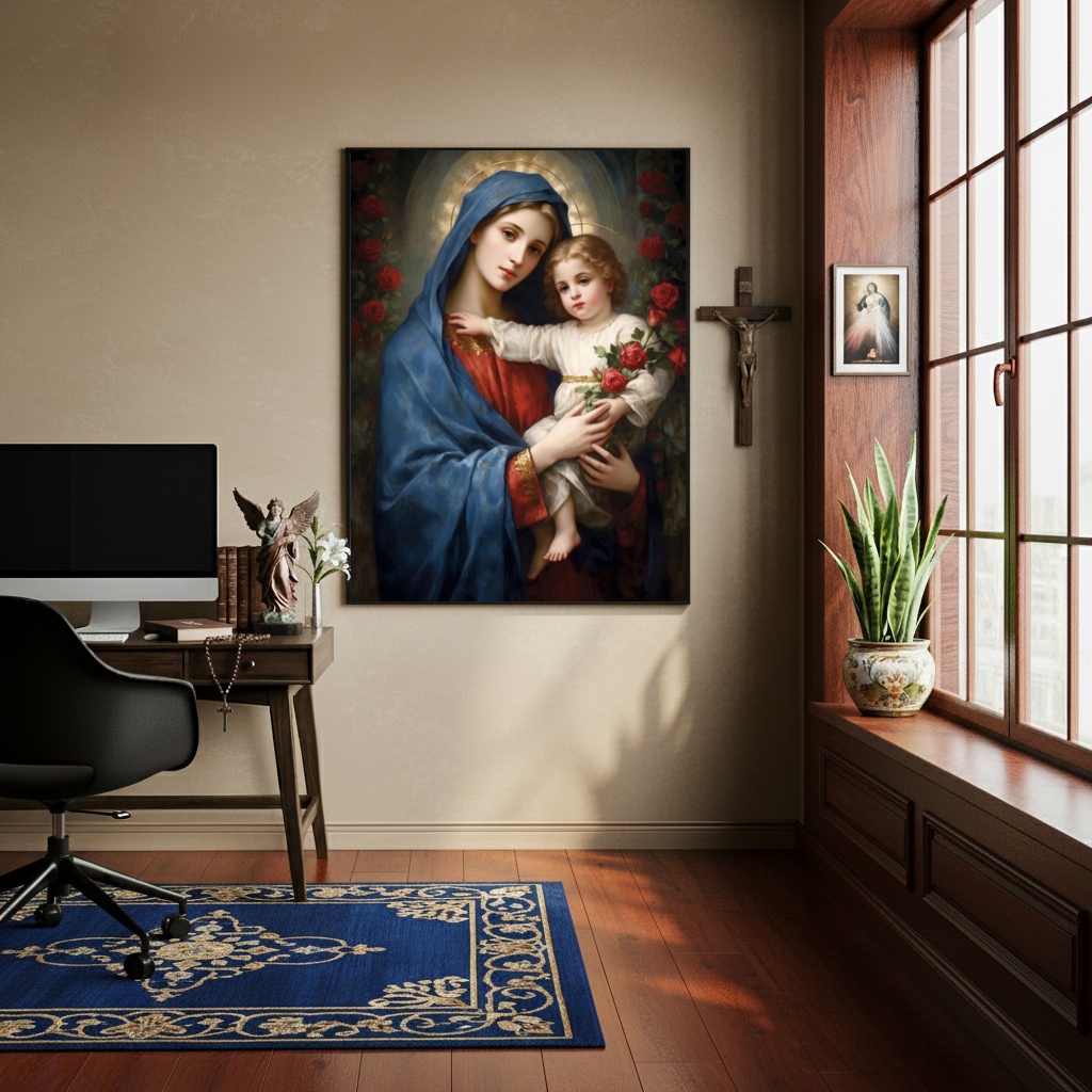 Quadro Maria Com Menino Jesus Rosas Vermelhas - 70x50 cm