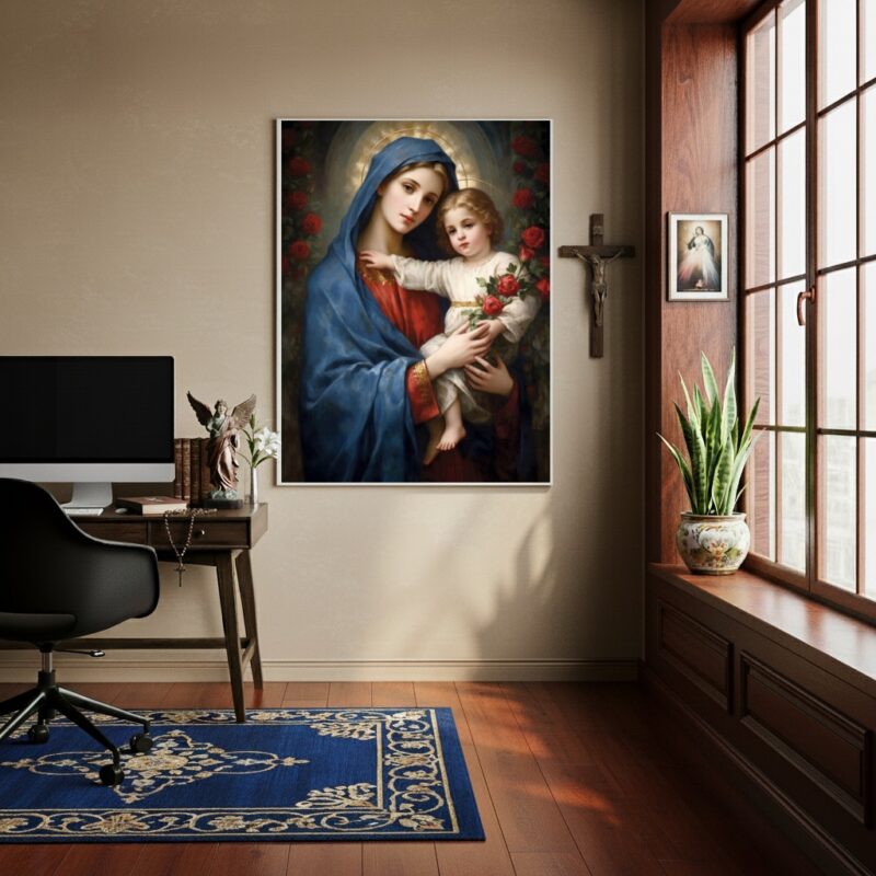 Quadro Maria Com Menino Jesus Rosas Vermelhas - 70x50 cm