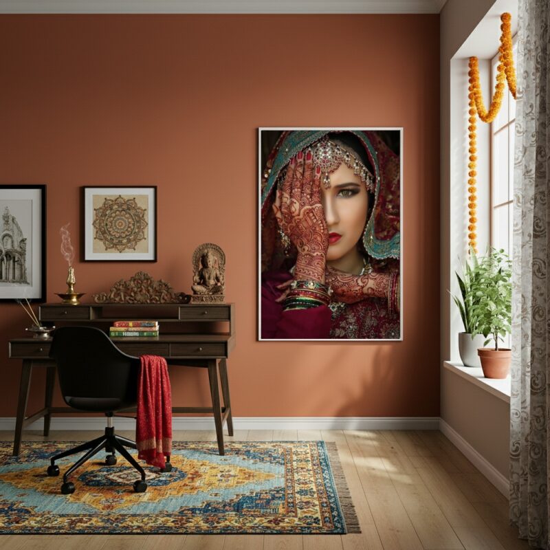 Quadro Noiva Indiana com Tatuagens de Henna - 70x50cm