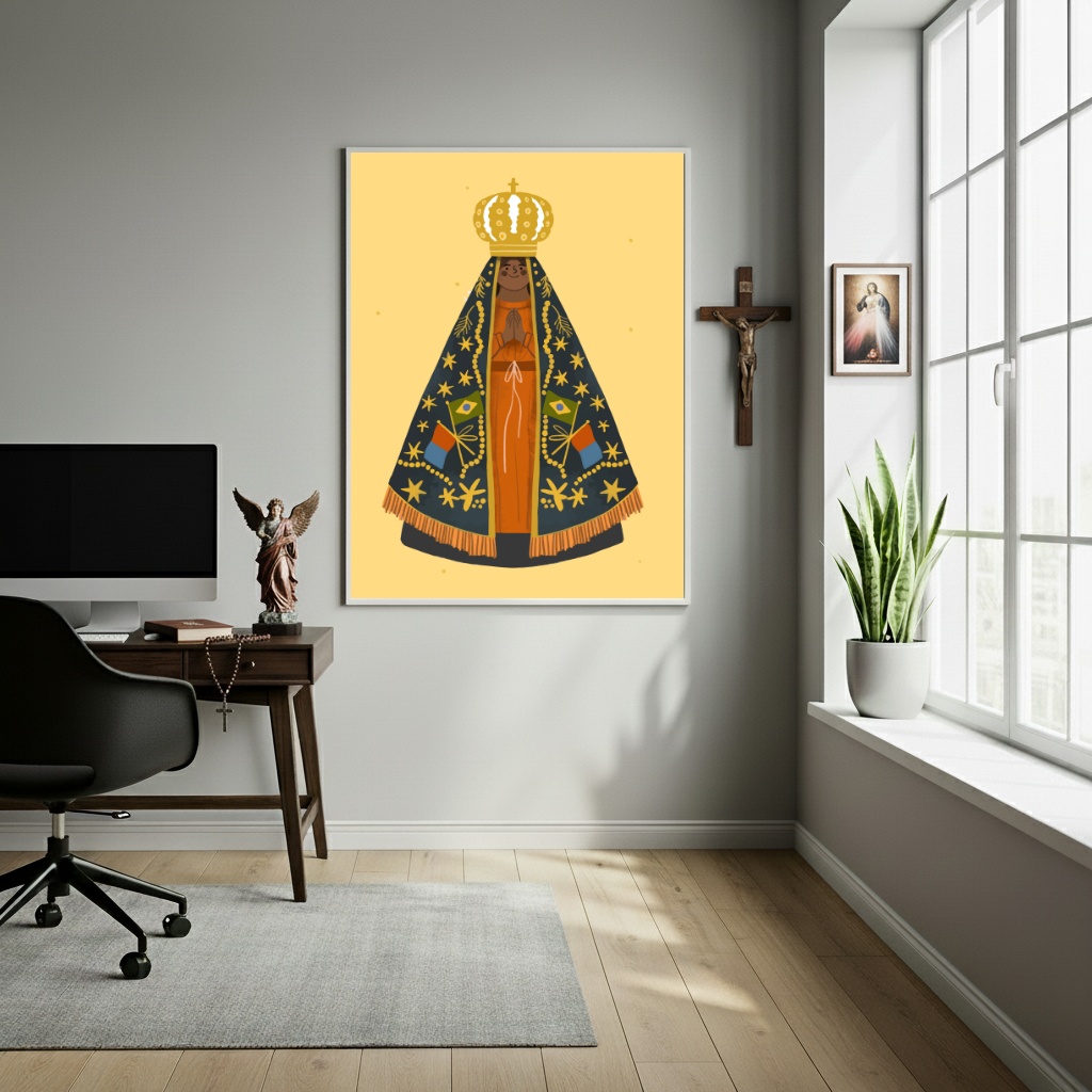 Quadro Nossa Senhora Aparecida Fundo Amarelo - 70x50 cm