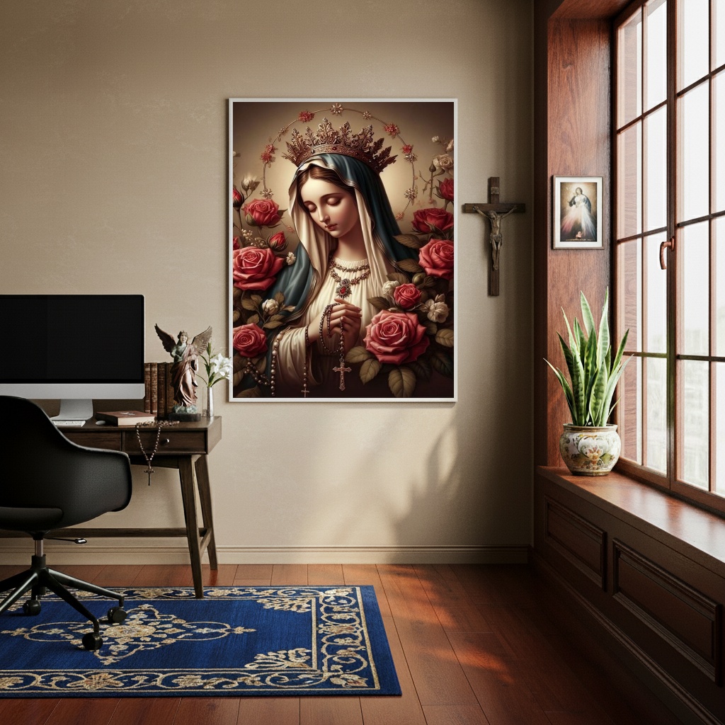 Quadro Nossa Senhora Com Terço Flores - 70x50 cm