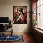 Quadro Nossa Senhora Com Terço Flores - 70x50 cm