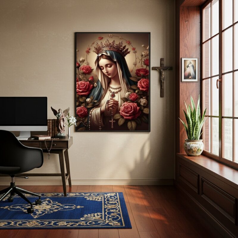 Quadro Nossa Senhora Com Terço Flores - 70x50 cm