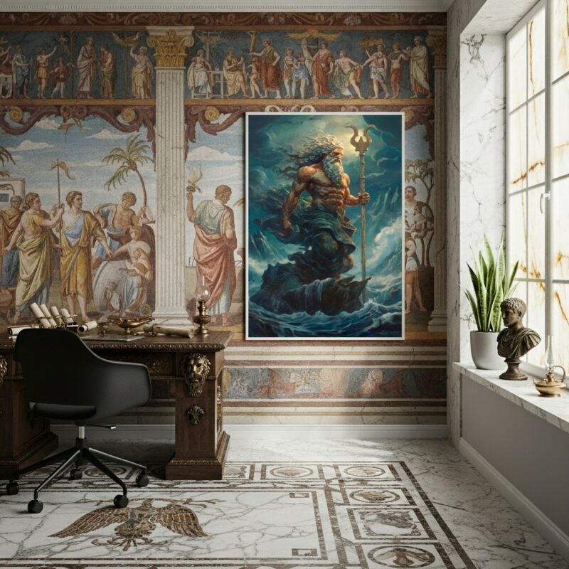 Quadro Poseidon Senhor dos Mares Terremotos Cavalos -70x50cm