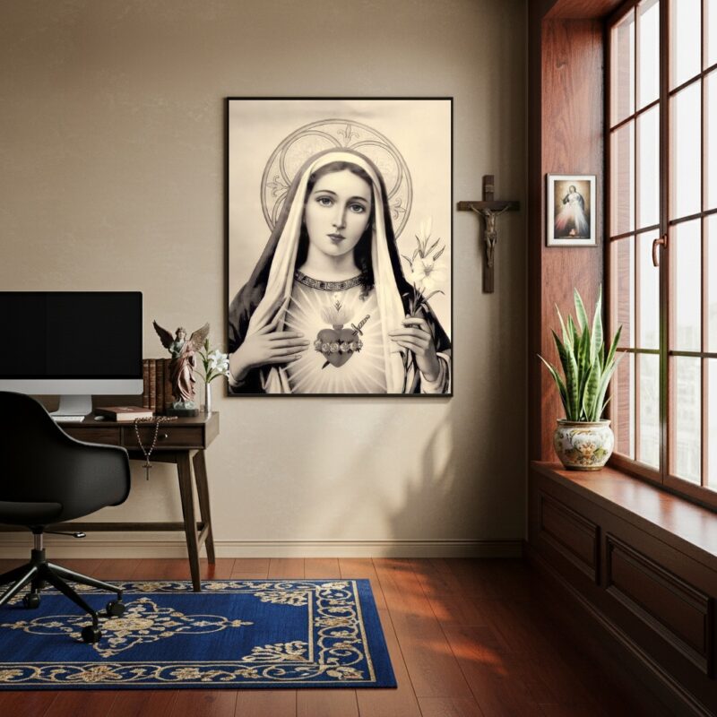 Quadro Sagrado Coração De Maria P&B - 70x50 cm