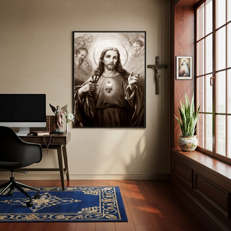 Quadro Sagrado Coração de Jesus P&B - 70x50 cm