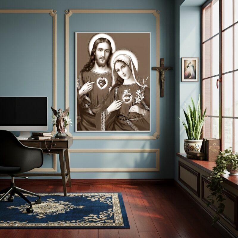 Quadro Sagrado Coração de Jesus e de Maria P&B - 70x50cm