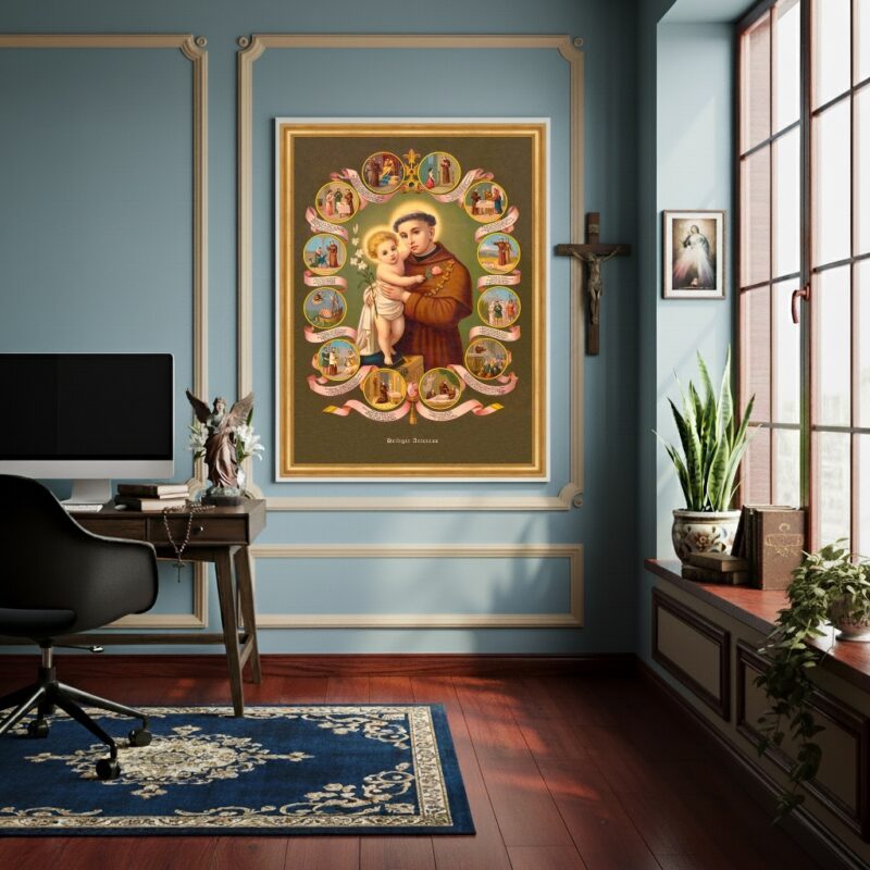 Quadro Santo Antônio de Pádua e Cenas de Milagres - 70x50cm