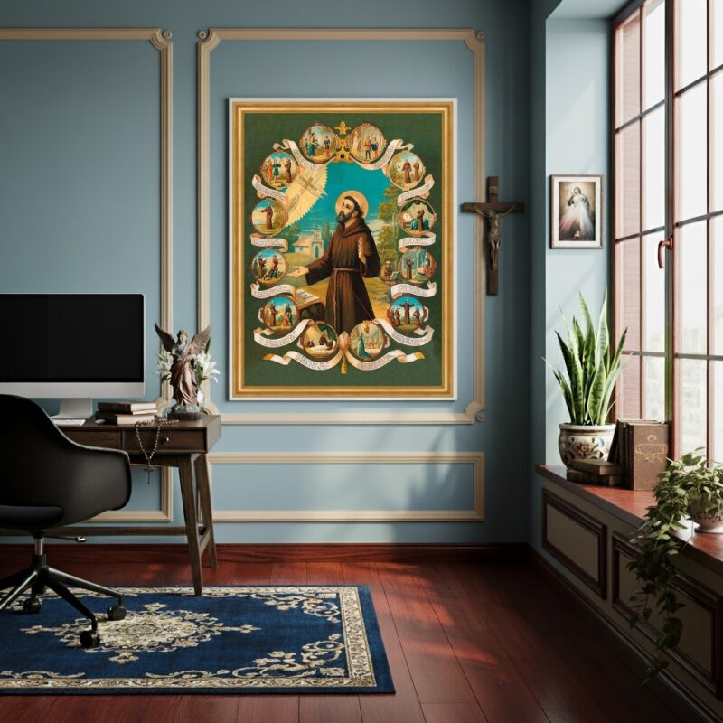 Quadro São Francisco de Assis e Cenas de Milagres - 70x50cm