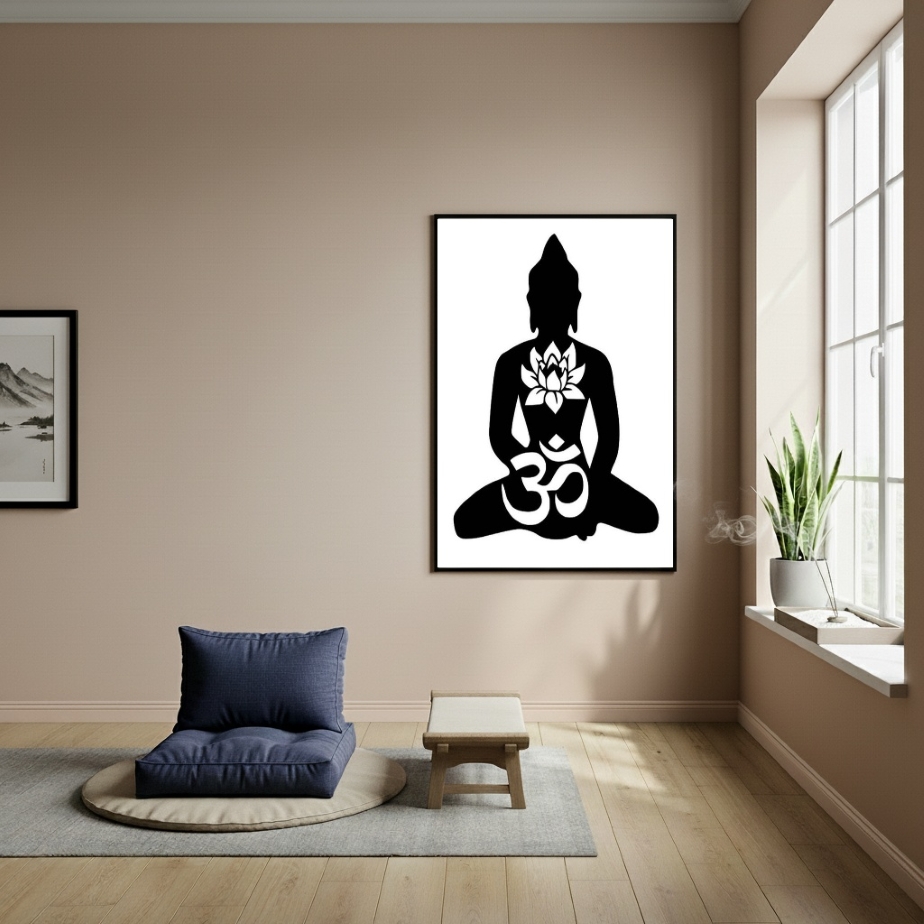 Quadro Silhueta Buda - Flor de Lótus e Símbolo Om - 70x50cm