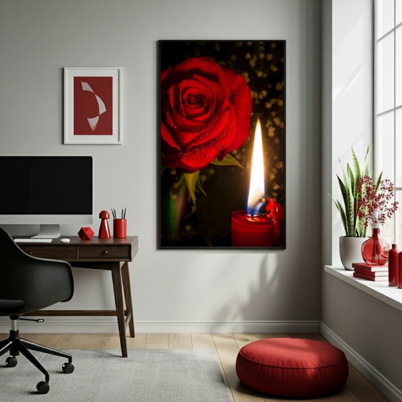 Quadro Umbanda Rosa e Vela Vermelha - 70x50 cm
