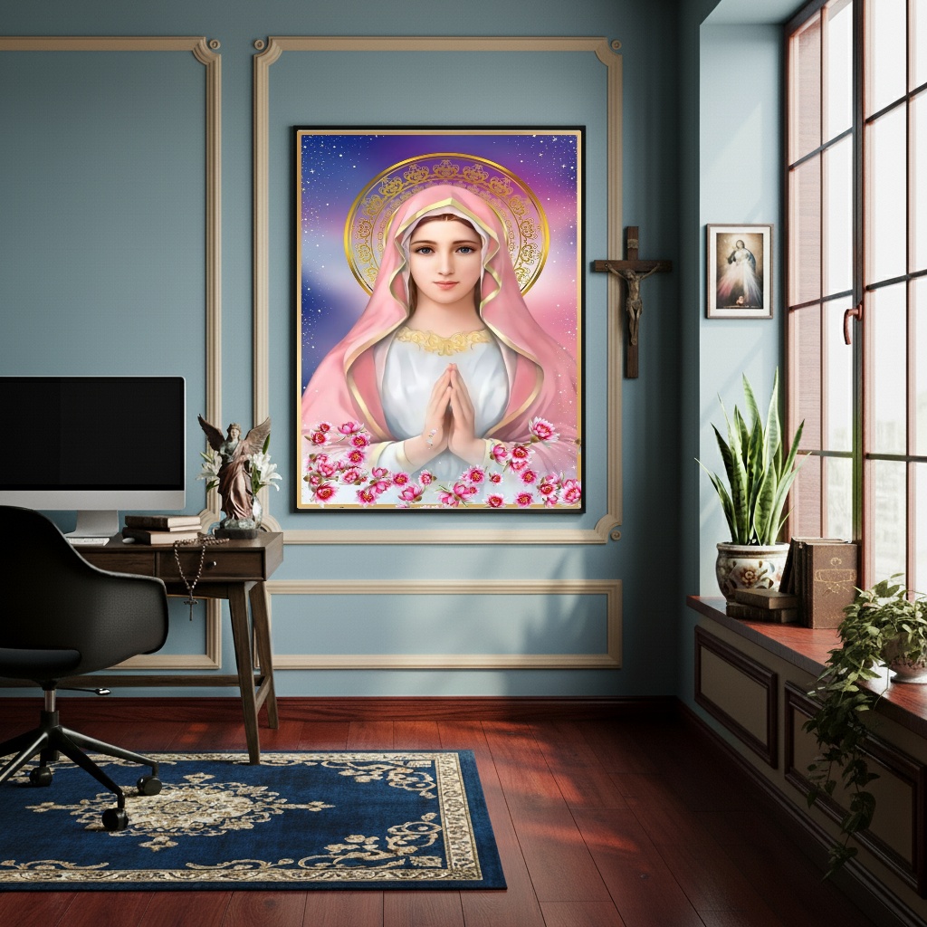 Quadro Virgem Maria com um Véu Rosa e Flores - 70x50cm