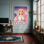 Quadro Virgem Maria com um Véu Rosa e Flores - 70x50cm