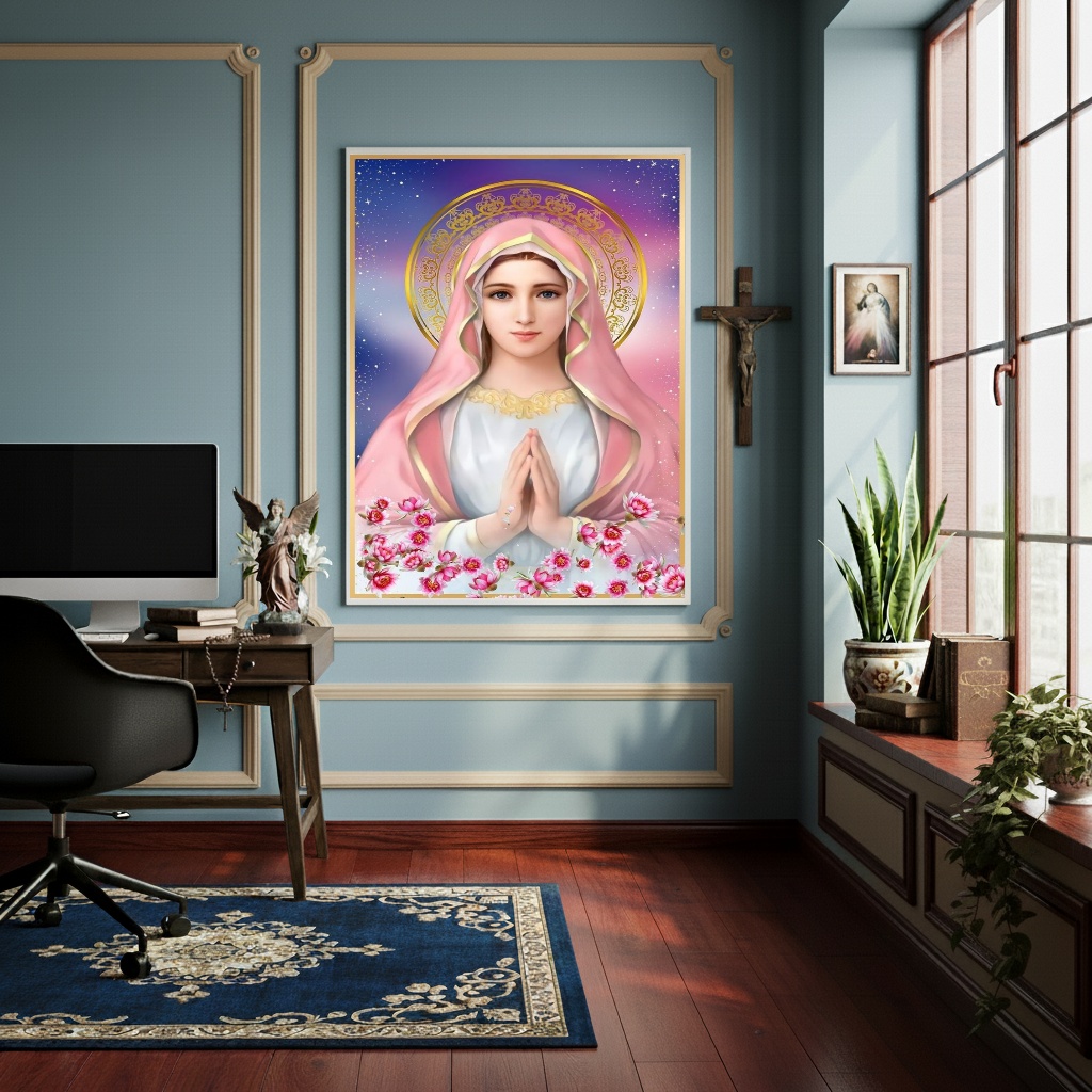 Quadro Virgem Maria com um Véu Rosa e Flores - 70x50cm