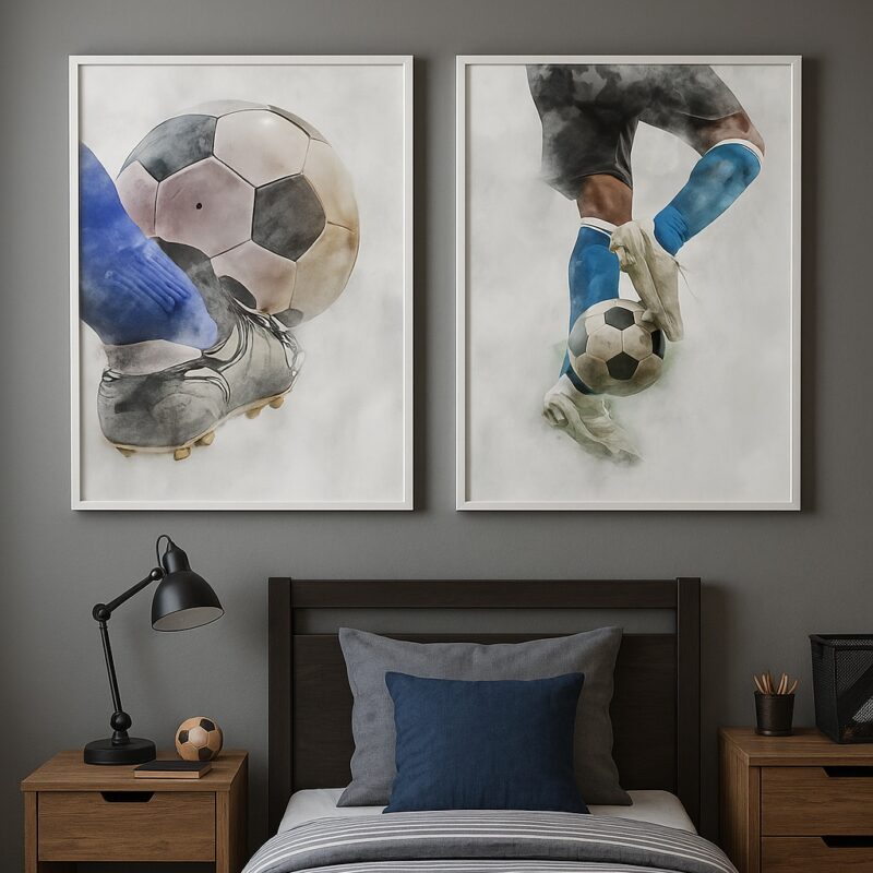 Kit 2 Quadros Canvas Quarto Menino Futebol Aquarela