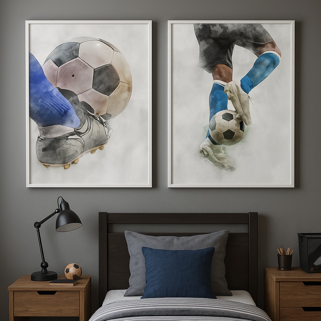 Kit 2 Quadros Canvas Quarto Menino Futebol Aquarela