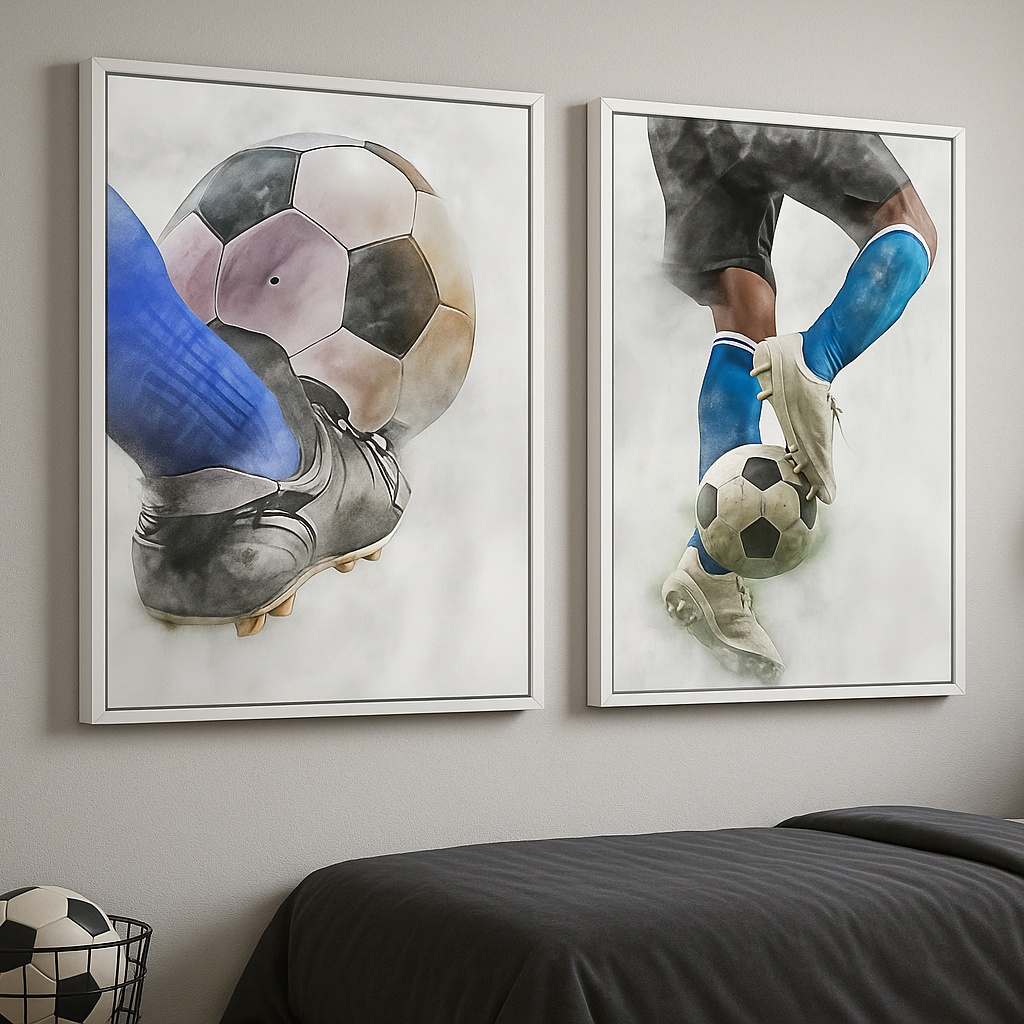 Kit 2 Quadros Canvas Quarto Menino Futebol Aquarela