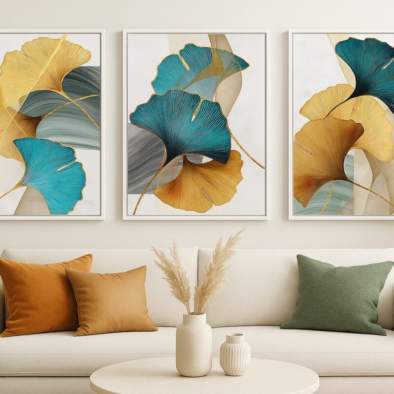 Kit 3 Quadros Canvas Flores Modernas Azul Com Dourado
