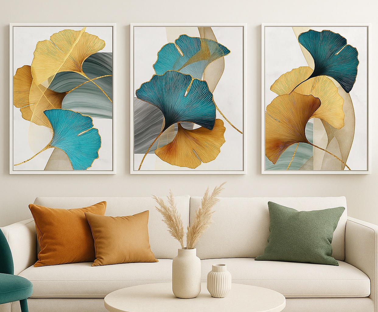 Kit 3 Quadros Canvas Flores Modernas Azul Com Dourado