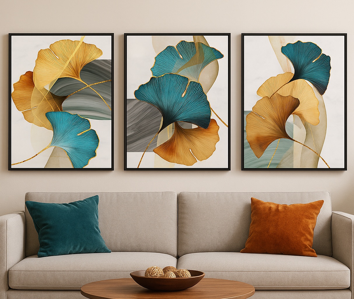 Kit 3 Quadros Canvas Modernos Flores azul Com Dourado