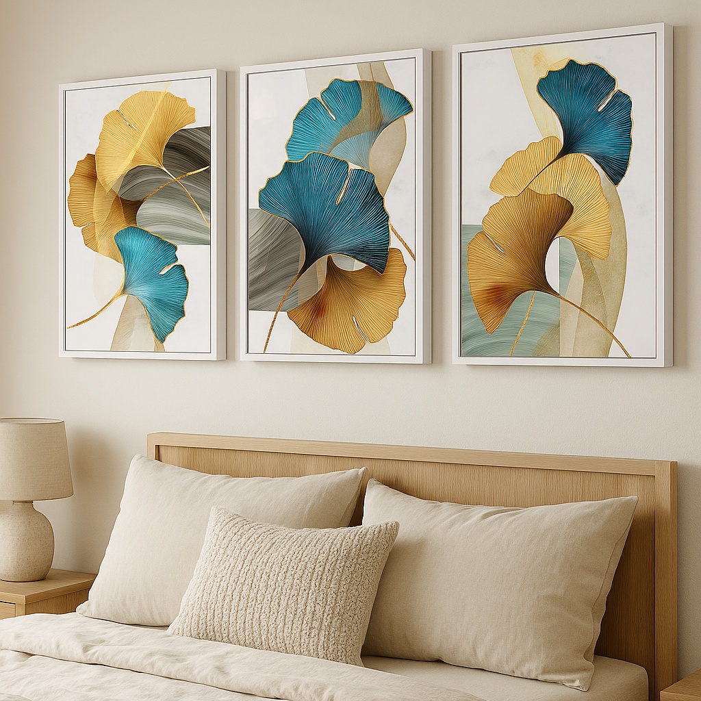Kit 3 Quadros Canvas Flores Modernas Azul Com Dourado - Imagem 4