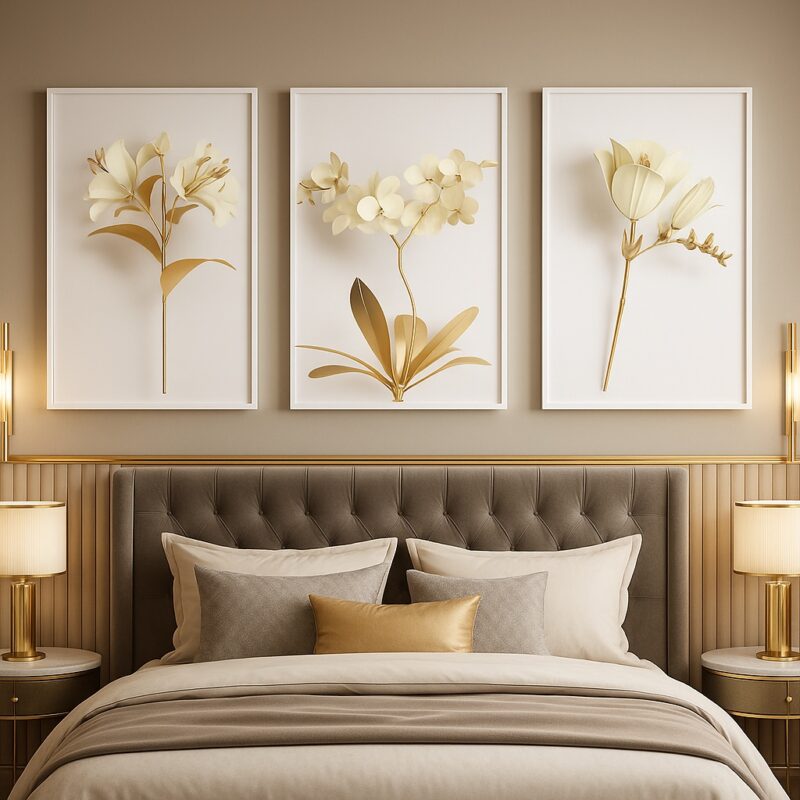Kit 3 Quadros Canvas Modernos Sofisticados Flores Branco Com Dourado