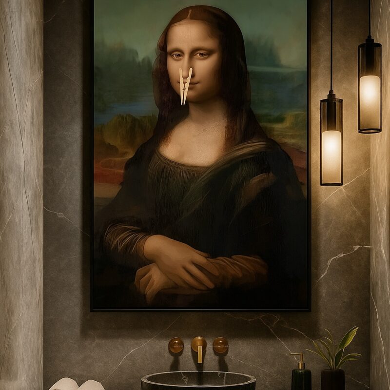 Quadro Canvas Divertido Banheiro Monalisa Nariz Tampado