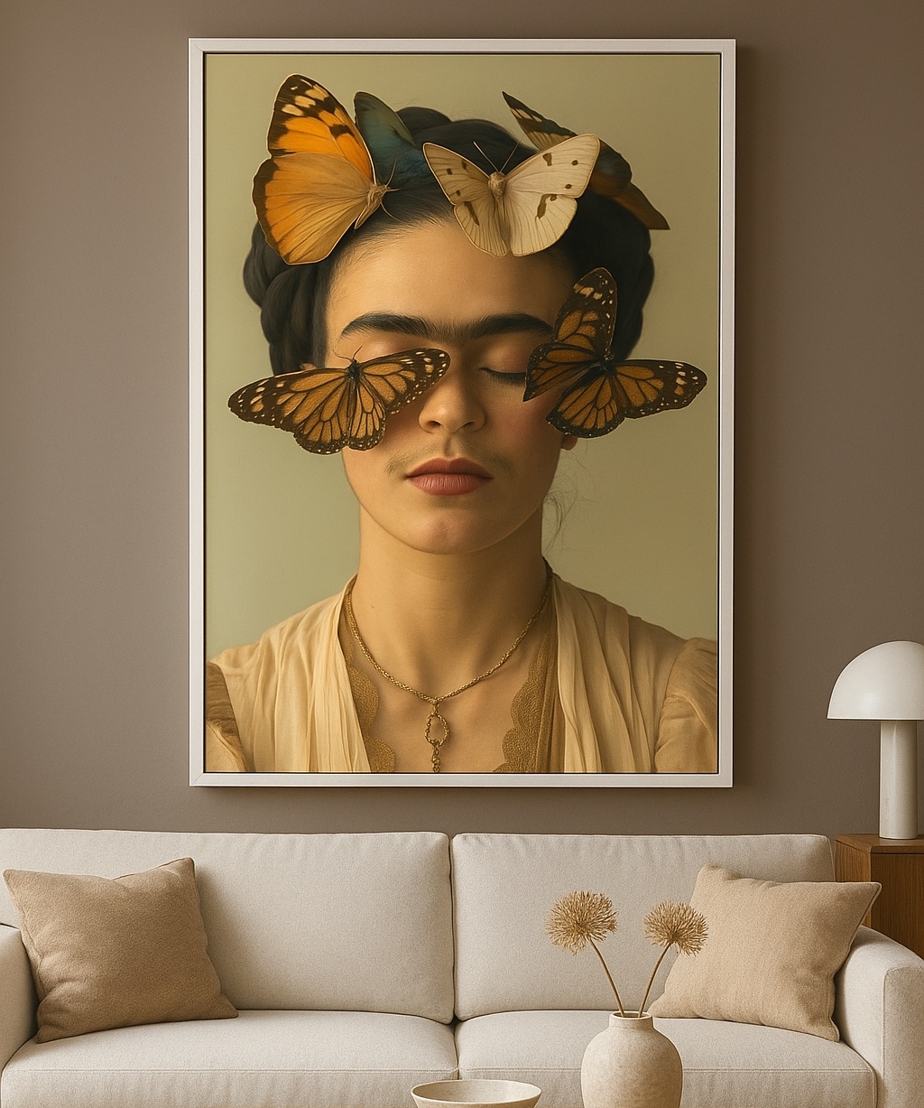 Quadro Canvas Frida Com Borboletas