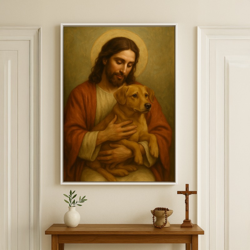 Quadro Canvas Jesus Com Cachorro Caramelo