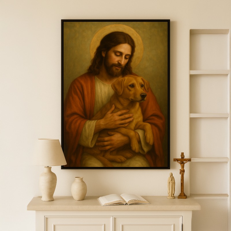 Quadro Canvas Jesus Com Cachorro Caramelo