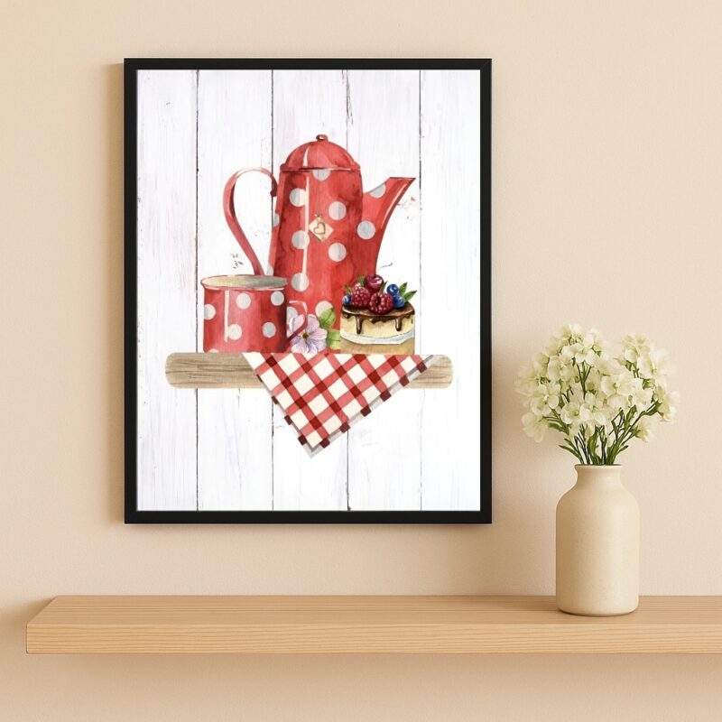 Quadro Cozinha Bule Café Poá Vermelho