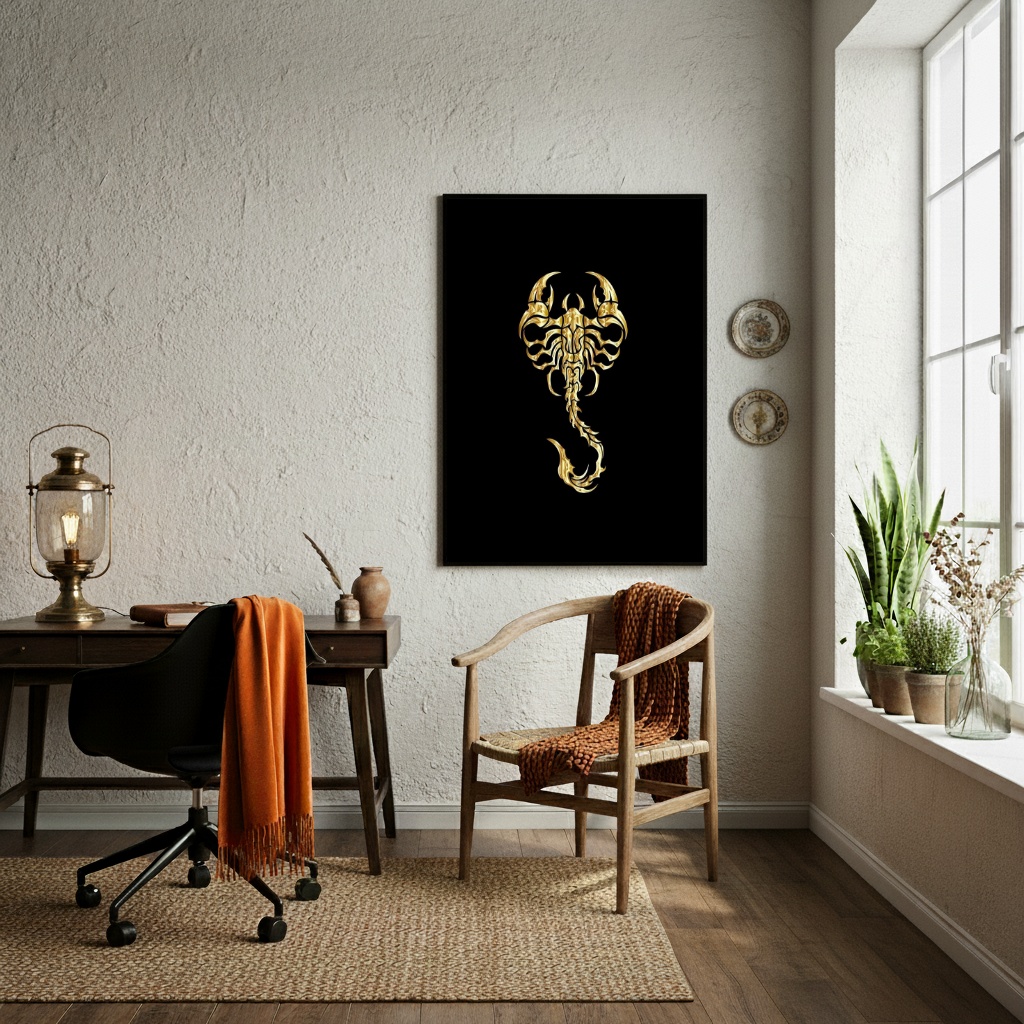 Quadro Decorativo Arte de Escorpião Dourado - 70x50cm