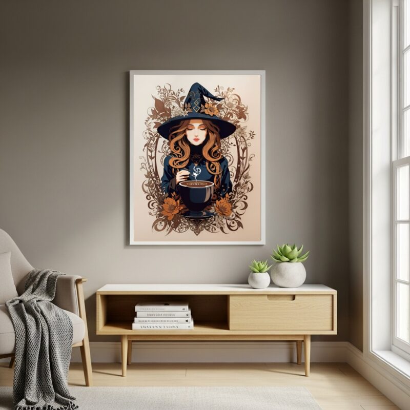 Quadro Decorativo Bruxa Apreciando um Café - 70x50cm