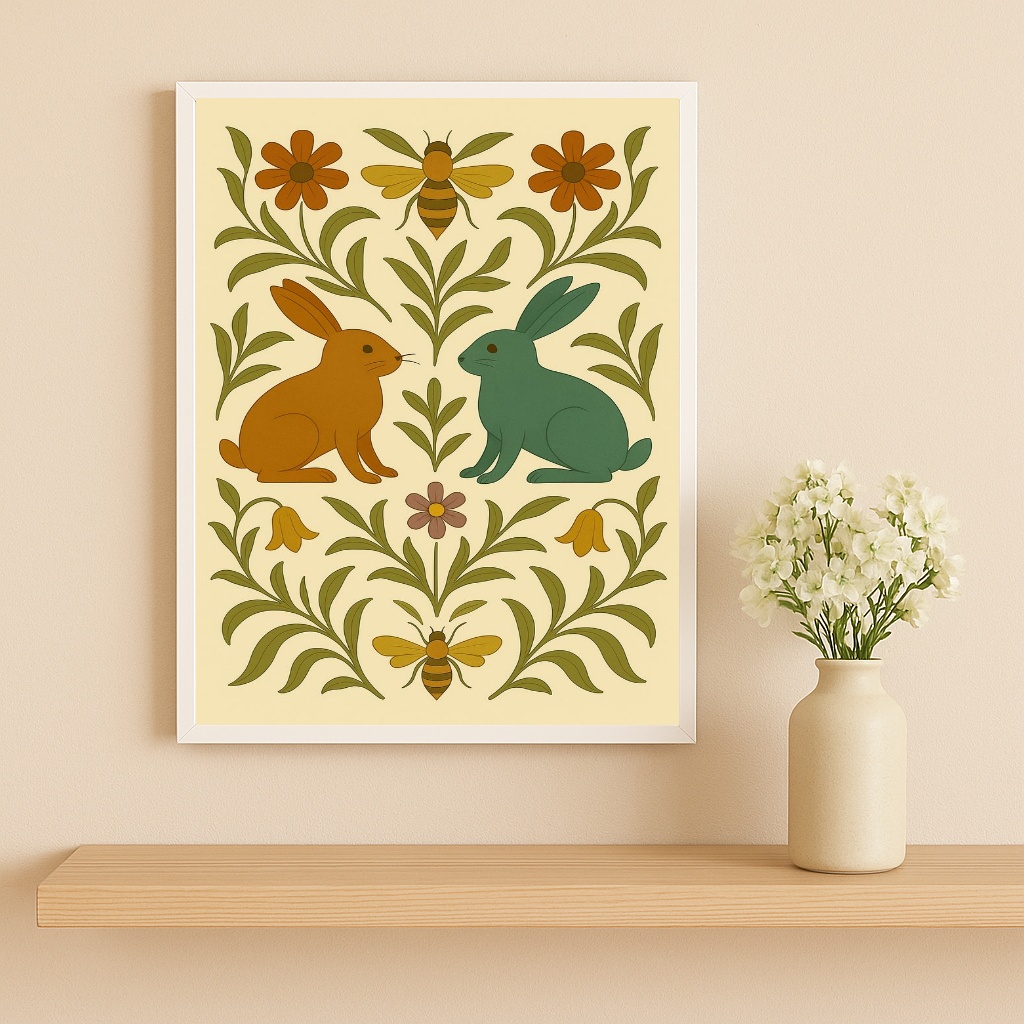 Quadro Decorativo Coelhos Folk Art