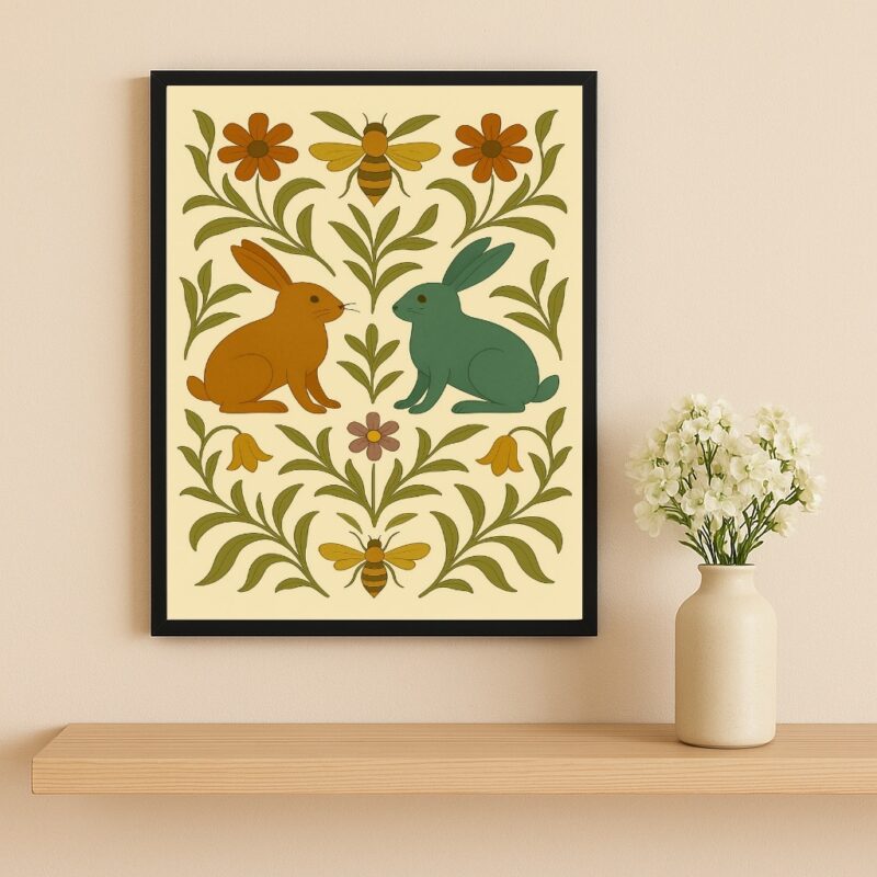 Quadro Decorativo Coelhos Folk Art