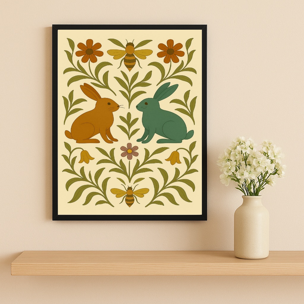 Quadro Decorativo Coelhos Folk Art