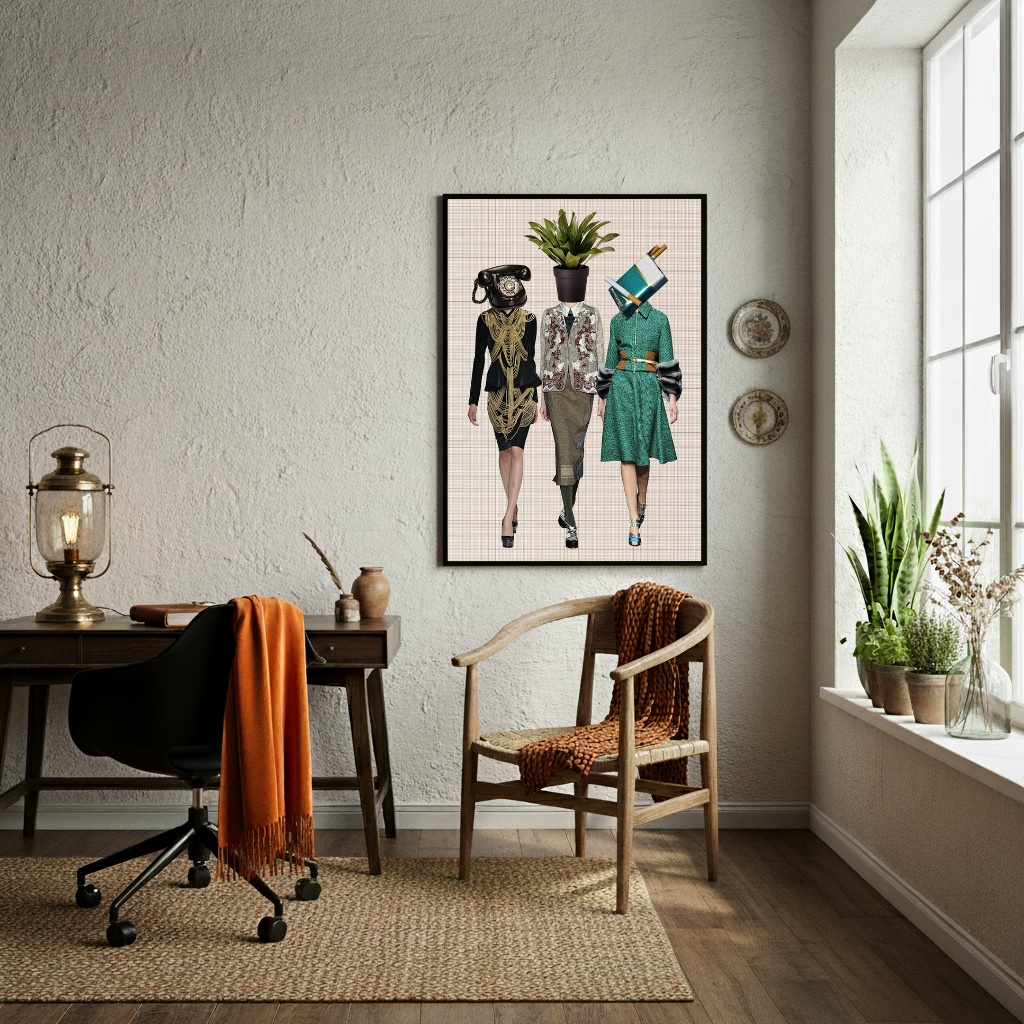 Quadro Decorativo Estilo Colagem Mulheres Retrô - 70x50cm