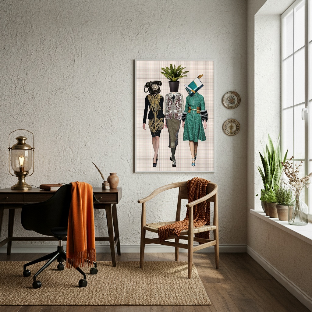 Quadro Decorativo Estilo Colagem Mulheres Retrô - 70x50cm