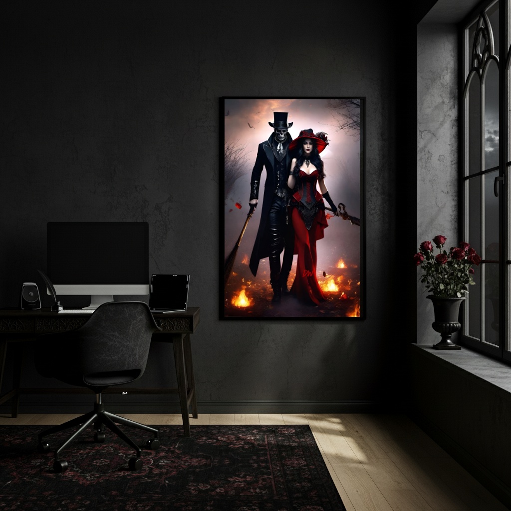 Quadro Decorativo Exu Caveira e Pomba Gira - 70x50cm