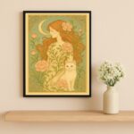 Quadro Decorativo Mulher Com Gato Art Nouveau