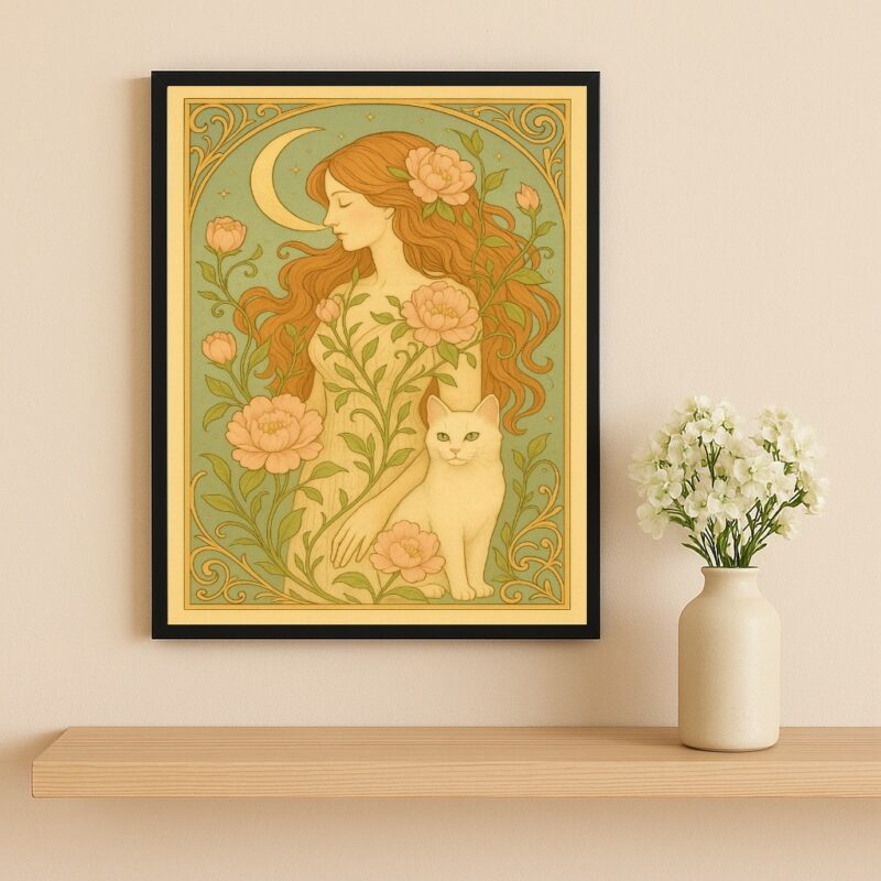 Quadro Decorativo Mulher Com Gato Art Nouveau