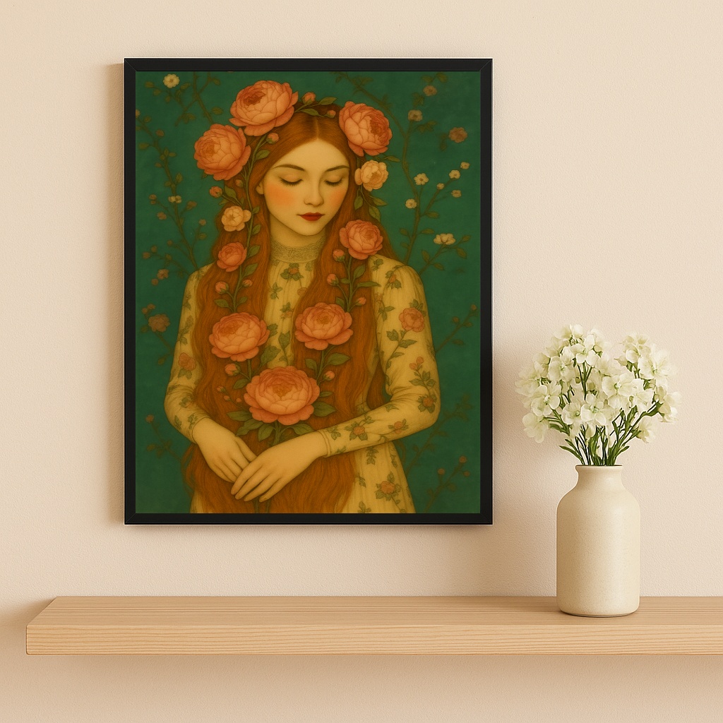 Quadro Decorativo Mulher Ruiva Com Flores