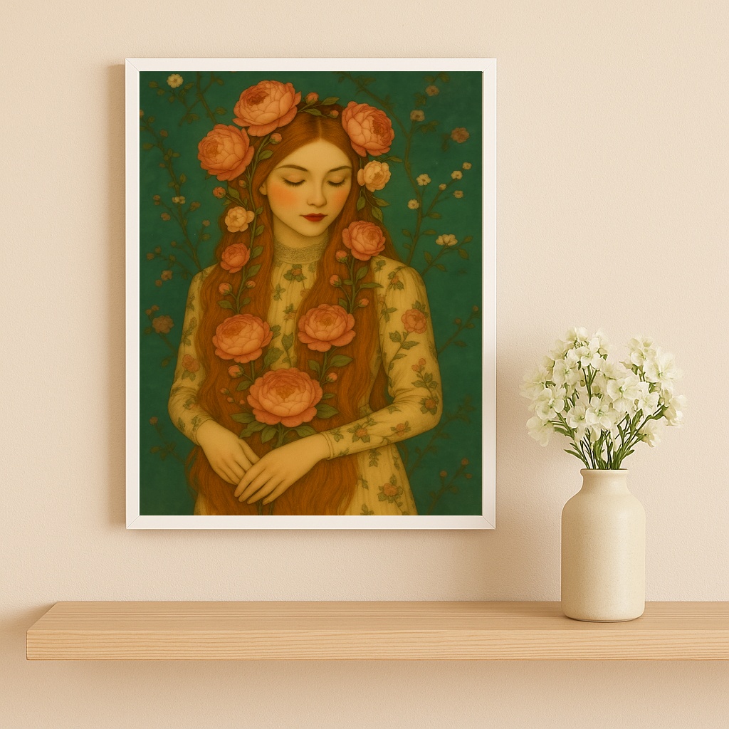Quadro Decorativo Mulher Ruiva Com Flores