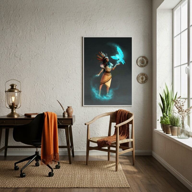 Quadro Decorativo Pocahontas e Pássaro Azul - 70x50cm
