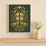 Quadro Flores Verde e Amarelo Folk Art